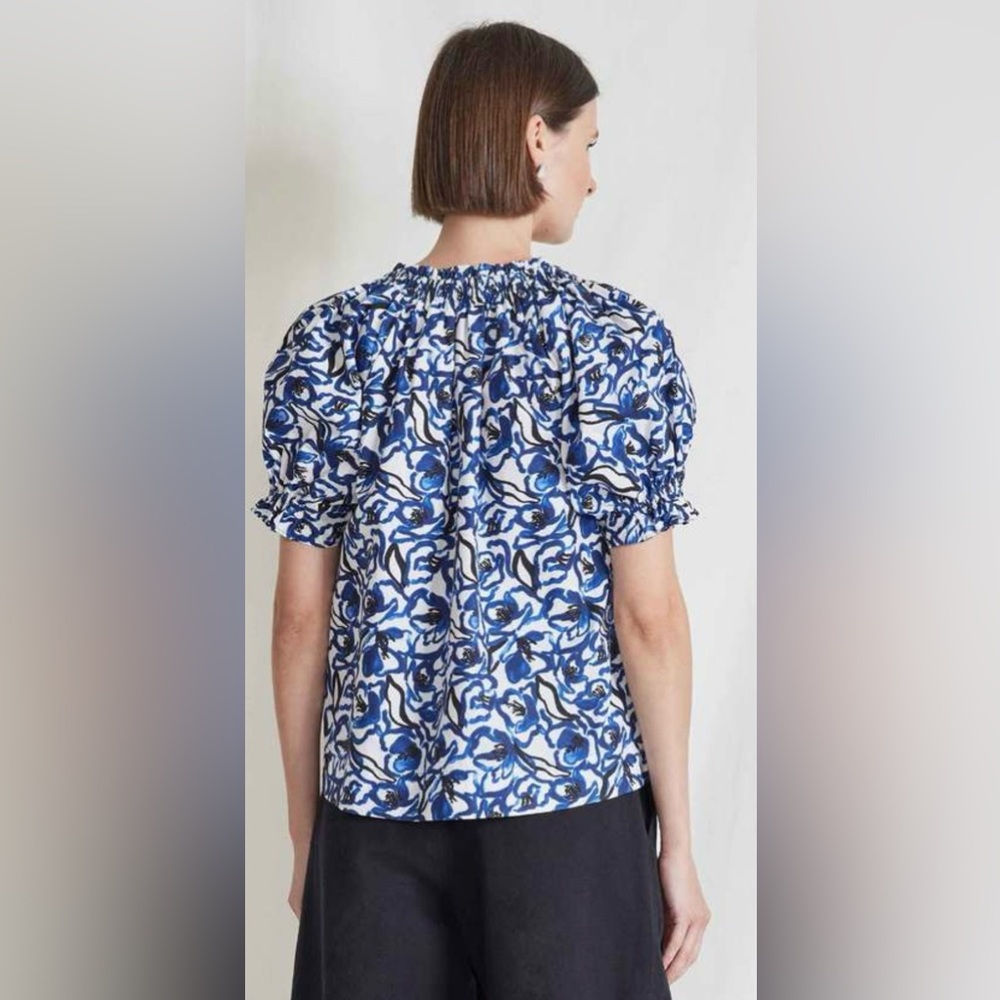 Apiece Apart Blue White Kasin Floral-Print Puff-Sleeve Top - Picture 2 of 8